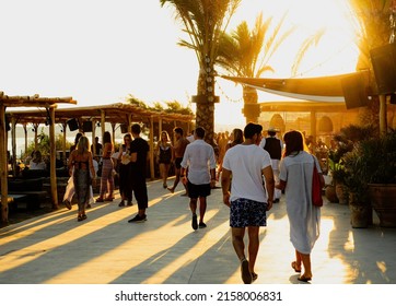 MYKONOS, GREECE - Jul 01, 2021: A Summer Party At Sunset In Mykonos, Greece