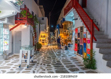 Mykonos, Greece, September 26, 2020:  Night View Of Tourist Shops At A Narrow Street In The Old Town Of Mykonos, Greece