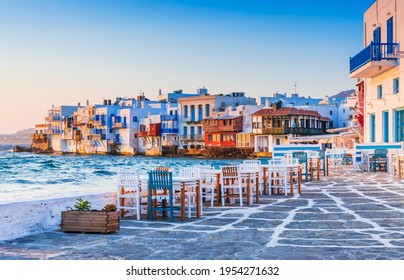 Mykonos, Greece. Waterfront in Little Venice, Mykonos at sunset. - Shutterstock ID 1954271632
