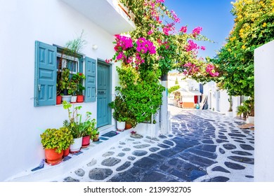 Mykonos, Greece. Whitewashed dotted alley in old city Little Venice, Cyclades Greek Islands. - Shutterstock ID 2139932705