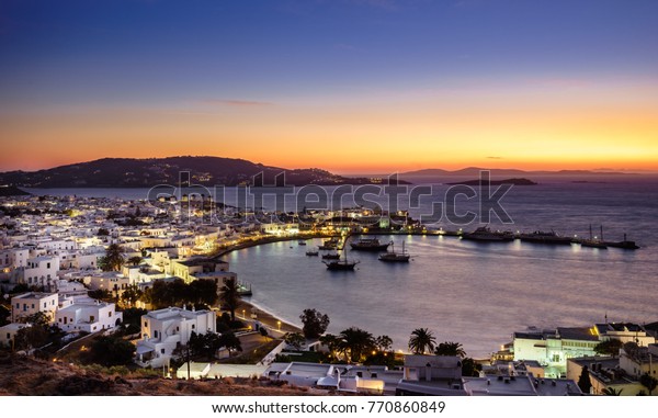 Mykonos Island Aerial Panoramic View Sunset Stock Photo Edit Now 770860849