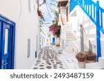 Mykonos island, Greece. Famous old town narrow street with white houses