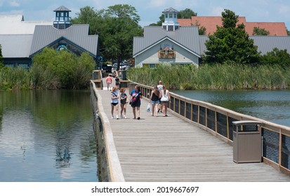 Myrtle Beach, SC - United States - 07-05-2021: Visitors Explore The Grounds Of Barefoot Landing On A Hot Day.