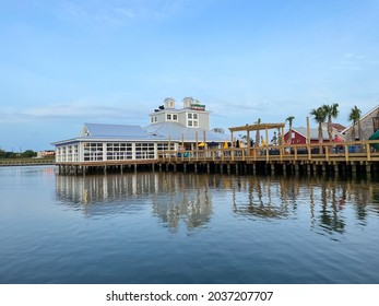 Myrtle Beach, SC USA - September 1, 2021: Full View Of Landshark Bar And Grill Restaurant At Barefoot Landing In Myrtle Beach