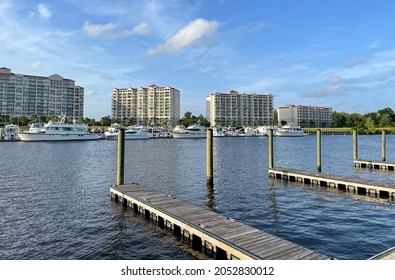 Myrtle Beach, SC USA - September 5, 2021: A View Of Intracoastal Waterway With Barefoot Landing Riverboat Cruises And Buildings