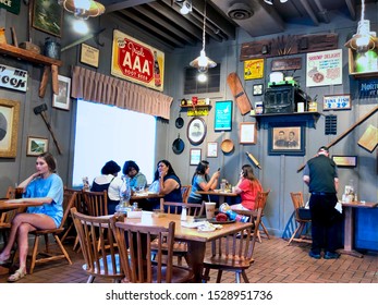 Myrtle Beach, South Carolina - October 5 2019: Inside Of A Local Restaurant Decorated With Antique And Vintage Signs And Pictures.