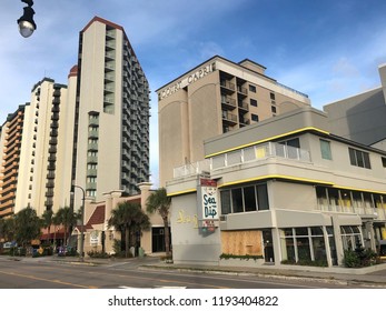 Myrtle Beach, South Carolina / USA - September 11, 2018: The Usually Very Busy Ocean Blvd. Is Virtually Deserted As Mandatory Evacuation Orders Are In Place In Advance Of Hurricane Florence.