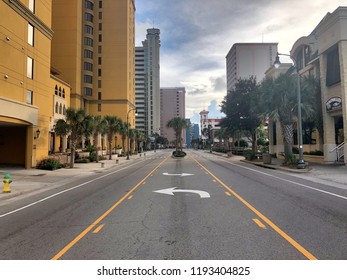 Myrtle Beach, South Carolina / USA - September 11, 2018: The Usually Very Busy Ocean Blvd. Is Virtually Deserted As Mandatory Evacuation Orders Are In Place In Advance Of Hurricane Florence.