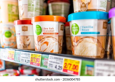 Myrtle Beach, USA - February 11, 2021: Kroger Simple Truth Private Label Ice Cream Almond Nut Milk Plant Based Dessert On Fridge Freezer Shelf With Price Tag On Sale Discount Supermarket Grocery Store
