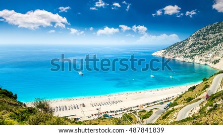 Myrtos beach, Kefalonia island, Greece. Beautiful view of Mirtos bay and beach on Kefalonia island