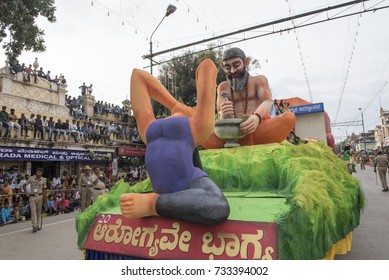 Mysore / India 30 September 2017 A Statue Of Women Performing Yoga In Front Of Hindu Sadhu During The Procession For Dussehra  At Mysore ( Mysuru) In Karnataka India