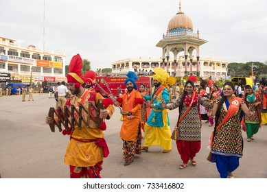 Mysore / India 30 September 2017 Artists perform the Bhangra  dance during celebrations of Dussehra at  Mysore ( Mysuru) in Karnataka India