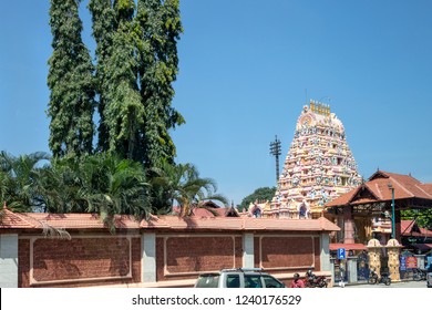 MYSORE, KARNATAKA, INDIA - OCTOBER 22, 2018: On the outskirts of Mysore (Mysuru), the ornate and colourful Sri Datta Venkateswara Temple, in Southern India.