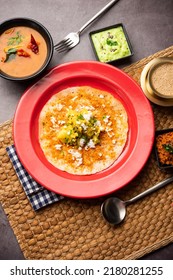 Mysore Masala Dosa or open dosa served with sambar and chutney, selective focus