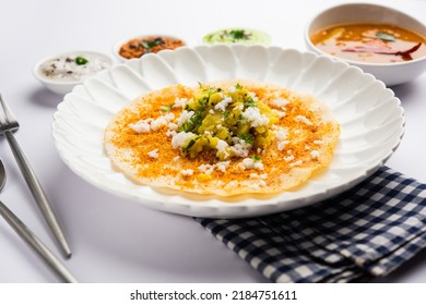 Mysore Masala Dosa or open dosa served with sambar and chutney, selective focus