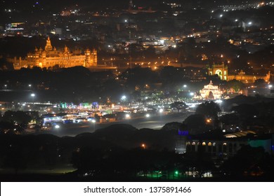 Mysore Palace Full View During The Night From Chamundi Hill.