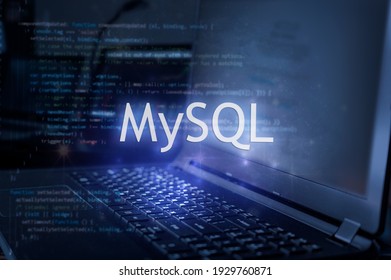 MySQL inscription against laptop and code background. Learn sql programming language, computer courses, training. 