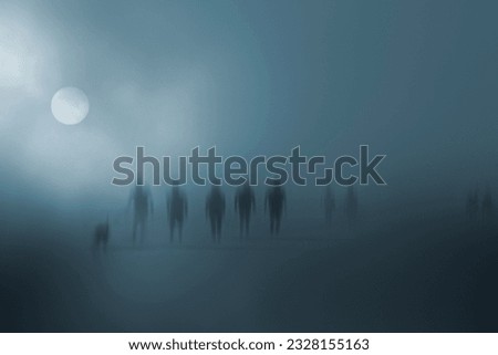 Mysterious blurred people walking in the fog
