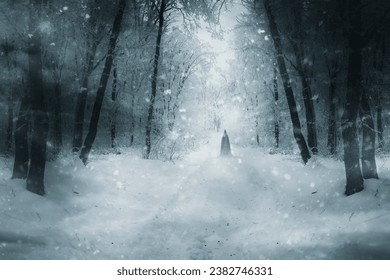 mysterious cloaked silhouette on snowy forest road, fantasy winter landscape - Powered by Shutterstock