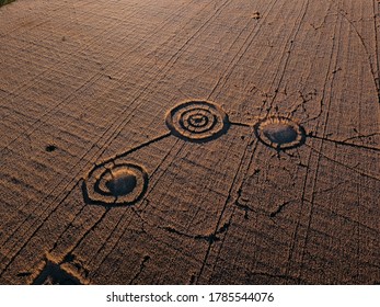 Mysterious Crop Circle In Oat Field Near The City, Aerial View