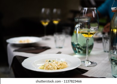 Mysterious Fancy Dinner With Organic Orange Biodynamic Wine And Ravioli 