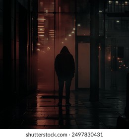 A mysterious figure in a hoodie stands in a dimly lit urban environment, surrounded by mist and illuminated by red and orange lights reflecting off wet pavement. - Powered by Shutterstock