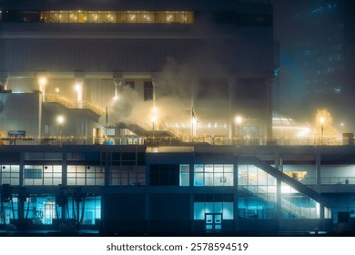Mysterious foggy night in a futuristic cityscape. A lone figure walks under neon blue and warm streetlights, surrounded by towering buildings with glowing windows. - Powered by Shutterstock - Get 15% off with code: PIKWIZARD15