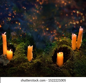mysterious forest with burning magic candles, dark natural background. witchcraft ritual. fall season. Samhain sabbat, Halloween holiday - Shutterstock ID 1522221005