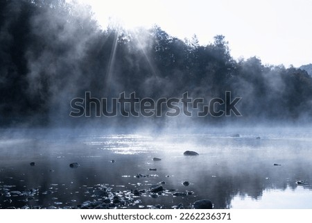 Mysterious and gloomy early morning landscape with cold blue mist on lake with soft haze on water, silhouette of forest on shore with sunbeams, glare, rays. Sinister and calm sunrise in wild nature.