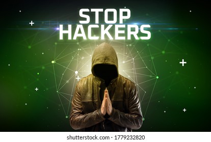 Mysterious Hacker With STOP HACKERS Inscription, Online Attack Concept Inscription, Online Security Concept