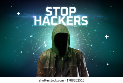 Mysterious Hacker With STOP HACKERS Inscription, Online Attack Concept Inscription, Online Security Concept