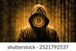 Mysterious hooded figure with bitcoin symbol, representing cybercrime and cryptocurrency security risk, digital hacker in dark web background, blockchain technology and anonymous transactions concept