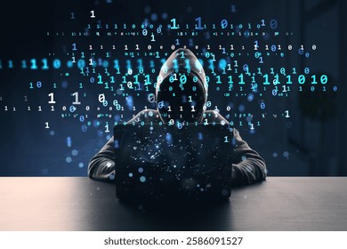 Mysterious hooded figure at desk using laptop, surrounded by glowing binary code, on dark background. Concept of cybersecurity and hacking