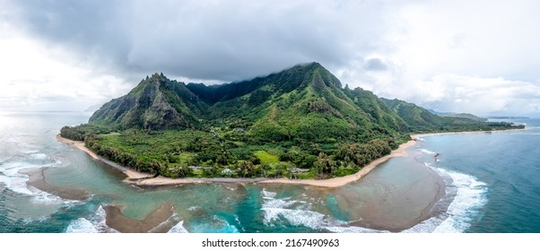A mysterious island in the ocean. Island shoreline panorama. Island seacoast landscape. Mysterious island panoramic landscape