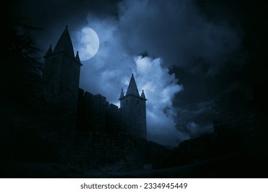 Mysterious medieval castle in a misty full moon. Added some digital noise.