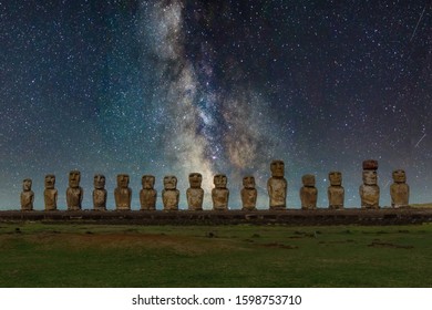 Mysterious Moai Statues at Night Under the Milky Way Galaxy on Easter Island