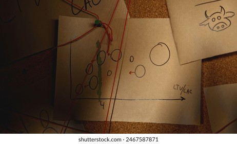 Mysterious notes on board. Stock footage. Lantern illuminates night room with notes. Mystical investigation with notes and red thread in night room - Powered by Shutterstock