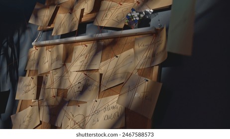 Mysterious notes with threads. Stock footage. Blackboard with notes and red threads in mysterious office. Riddle of puzzles on board with notes and threads - Powered by Shutterstock