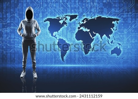 Mysterious person in hoodie stands against a backdrop of a glowing digital map of the world, symbolizing global cybersecurity concerns