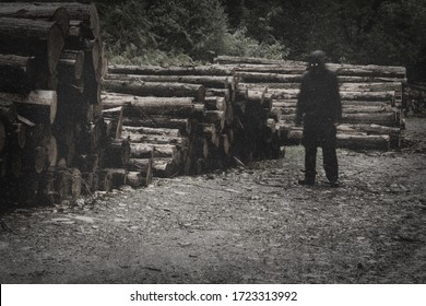 A Mysterious Spooky Supernatural Figure With Glowing Eyes Next To A Log Pile. With An Artistic, Blurred, Vintage, Textured Edit.