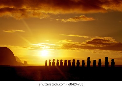 Mysterious Stone Statues At Sunrise In Easter Island