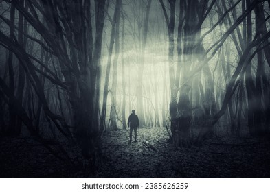 mysterious surreal woods landscape with man silhouette - Powered by Shutterstock