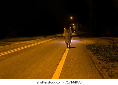 Mysterious Woman, Horror Scene Of Scary Ghost Woman Standing Outdoor On Street With Light 