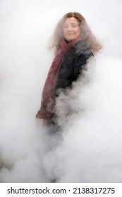 Mysterious Woman Portrait In Foggy Steam Cloud. Colour Illustration Of Bomb Smoke, Vapour Or Haze With A Person.            