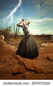 Mysterious Woman Sorcerer Ready To Fight In Ruins By Power Of Lightning