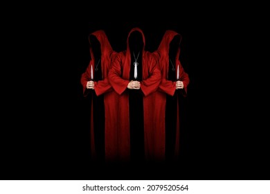 Mystery people in a red hooded cloaks in the dark holding ritual daggers. Hiding face in shadow.  Satanic symbols. Dark ritual. Sectarians. Isolated on black.