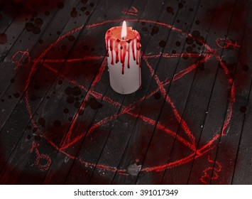 Mystic Candle With Bloody Drops In Pentagram Circle On Wooden Table. Black Magic Ritual. Occult And Esoteric Symbols. Scary Halloween Collage