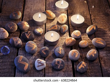 Mystic Still Life With Stone Runes And Candles. Halloween Background, Black Magic Rite Or Spell, Occult And Esoteric Objects On Witch Table