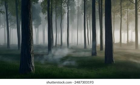 Mystical 3D Render: Trees in the Fog, Smoke in the Forest, Misty Morning Scene, Atmospheric Woodland, Ethereal Fog, Enchanting Nature Landscape, Serene Forest, Dreamlike Haze, Morning Mist Among Trees - Powered by Shutterstock