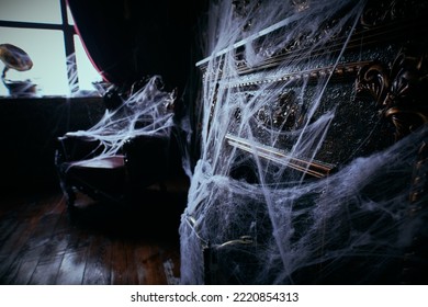 The Mystical Atmosphere Of An Ancient Abandoned Castle Covered In Cobwebs. Halloween Scary Stories. Fantasy.